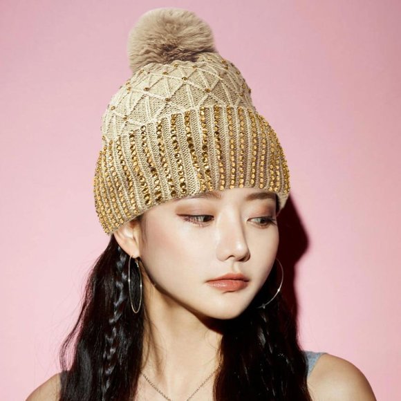 Luxe Fleece Lining Rhinestone Embellished Pom Pom Gold Beige Beanie Hat - Picture 1 of 2